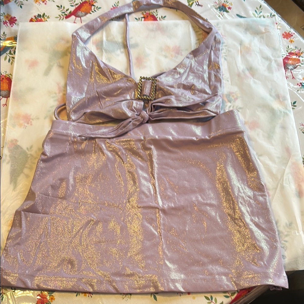 New Pink Women’s Super Sparkly Halter Top & Mini Skirt NWOT Small Lilac Sparkly